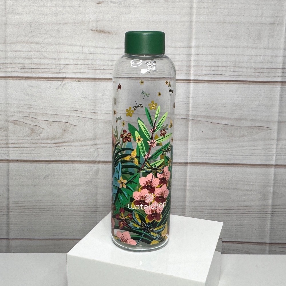 Waterdrop Glass Water Bottle Raxenne Maniquiz Tropical Botanical Green Top